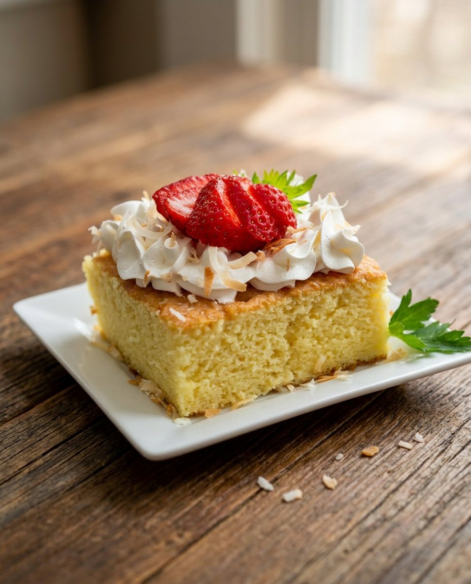 A slice of Strawberry Tres Leches Cake served on a vintage lace tablecloth with fresh berries.
