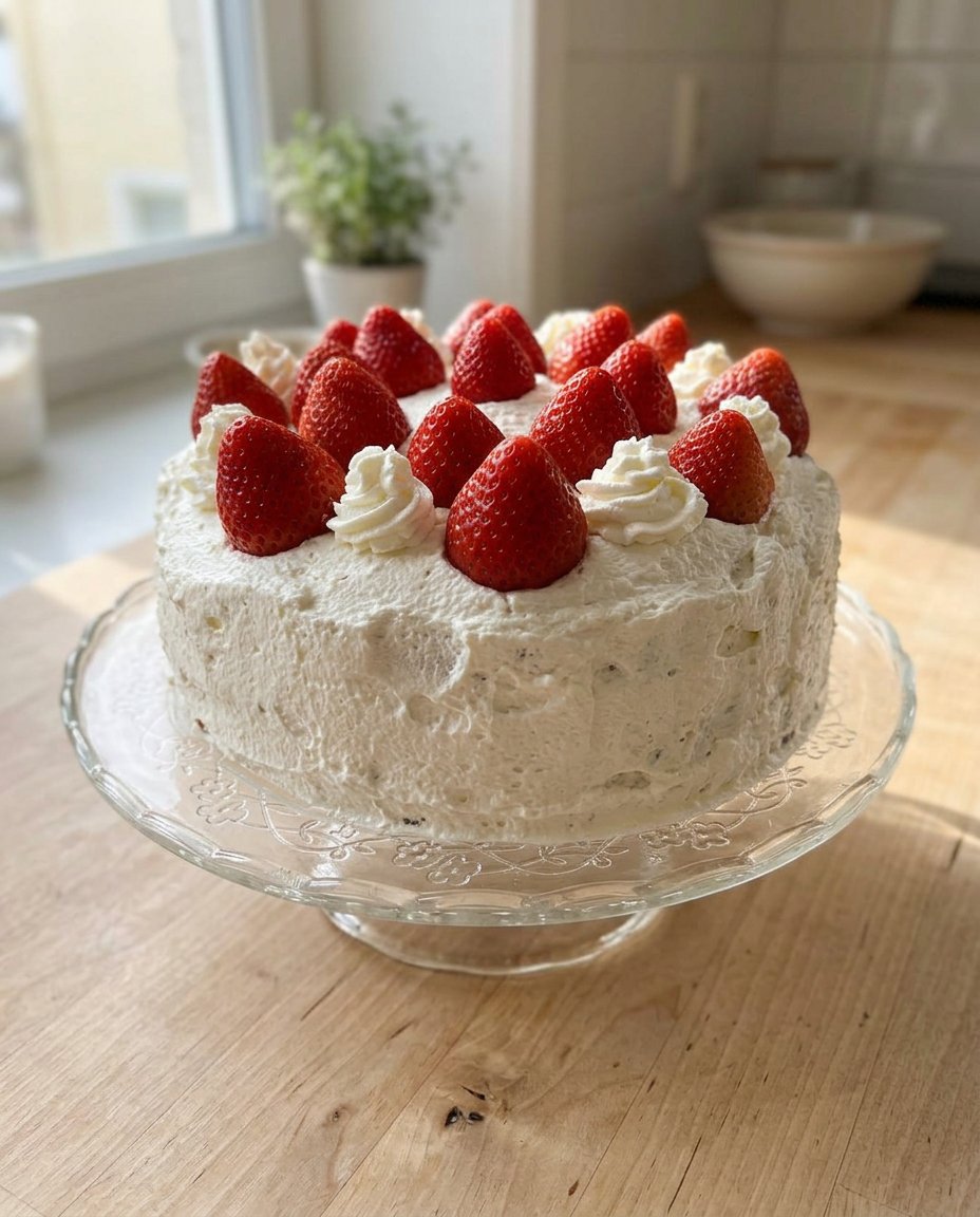 A slice of golden vanilla chiffon cake with fresh strawberry filling and white yogurt frosting on a vintage floral plate.