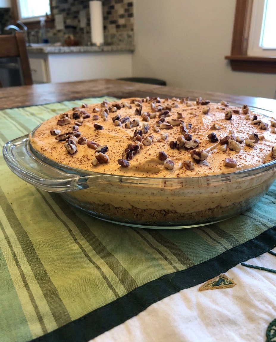A slice of layered pumpkin thanksgiving cake on a vintage floral plate