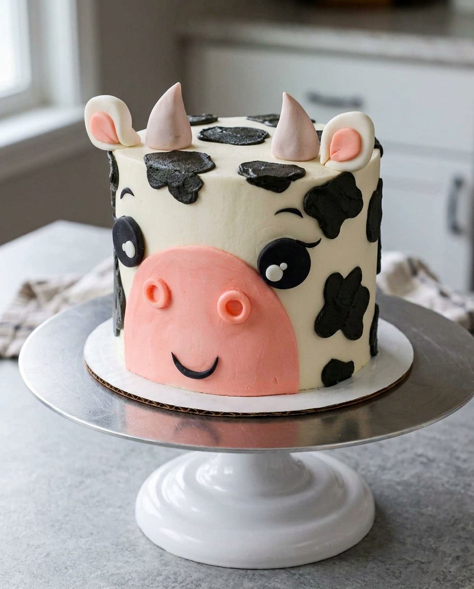 A tall cow cake with white buttercream and black chocolate spots showing a glimpse of the internal marble sponge.