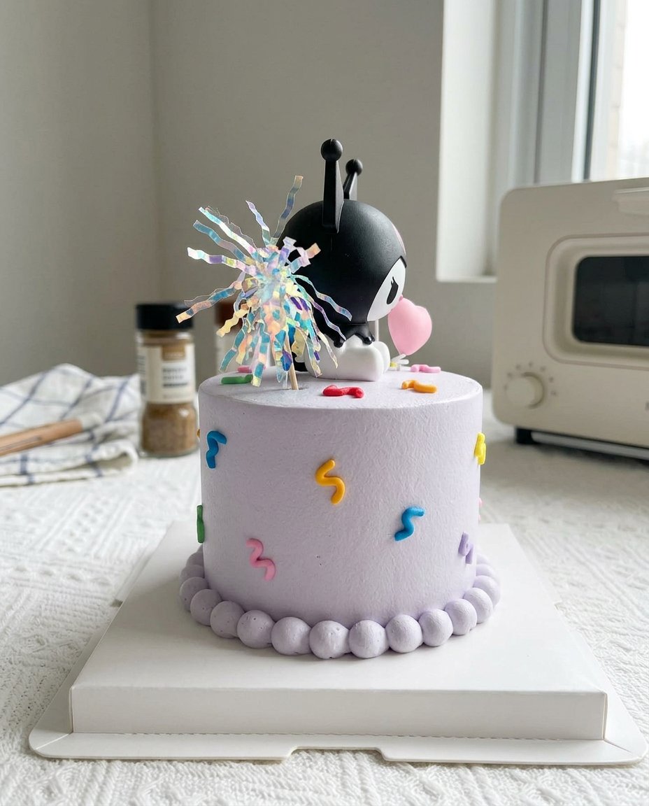 Kuromi Cake Design 13 Electric mixer whipping eggs and sugar into a thick fluffy foam.