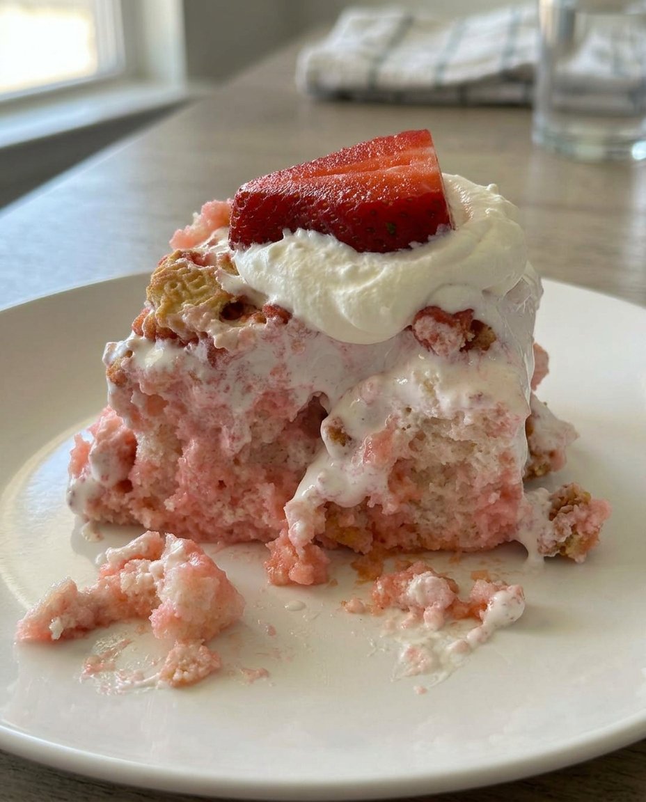 Using the handle of a wooden spoon to poke holes in a white sheet cake