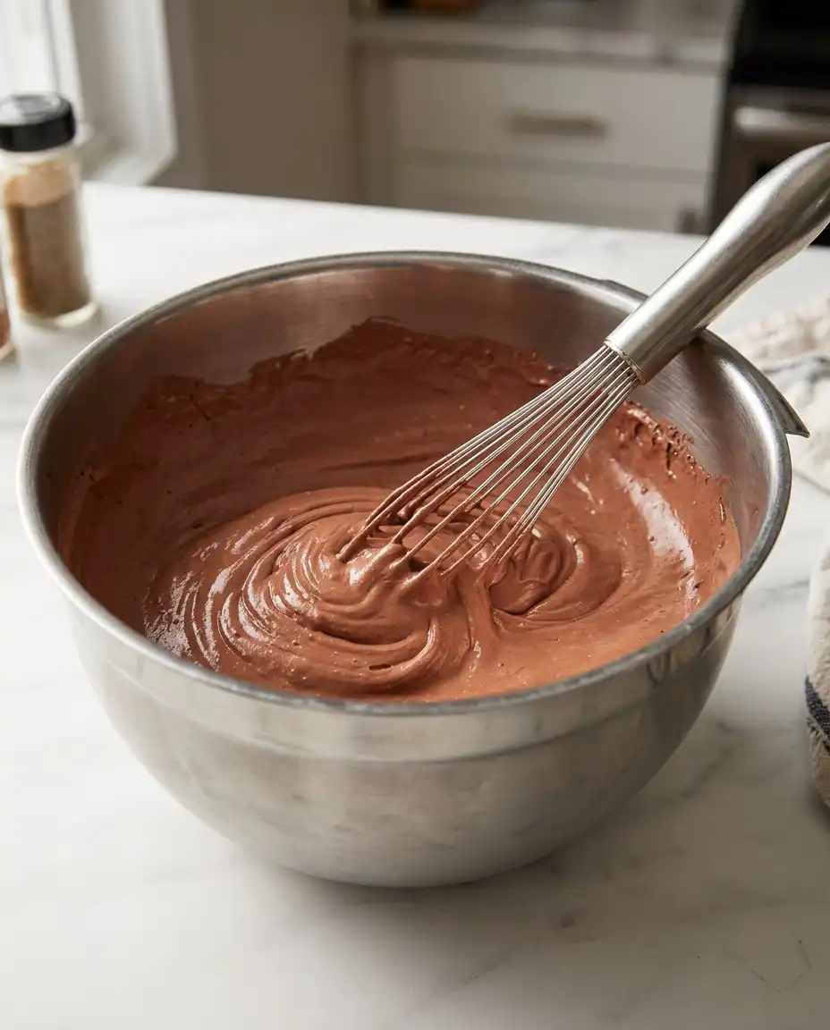 Bowls of cocoa powder, separated eggs, and heavy cream on a marble countertop