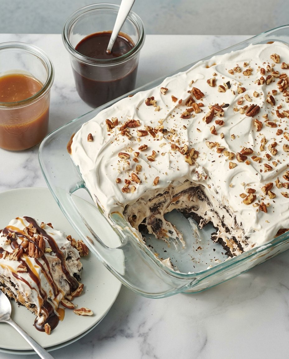 A round ice cream sandwich cake with sugar cones and sprinkles