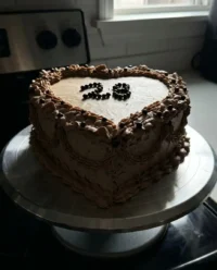 A pink heart shaped cake with white piping and cherries on top