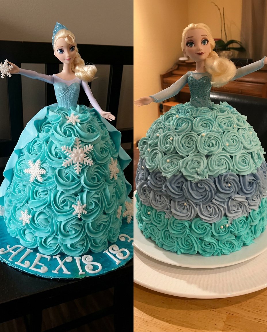 Elsa Cake 13 Using a knife to carve a stacked cake into a dress shape.