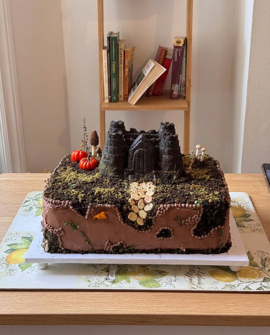 A completed pink and white castle cake with turrets and marshmallow battlements.