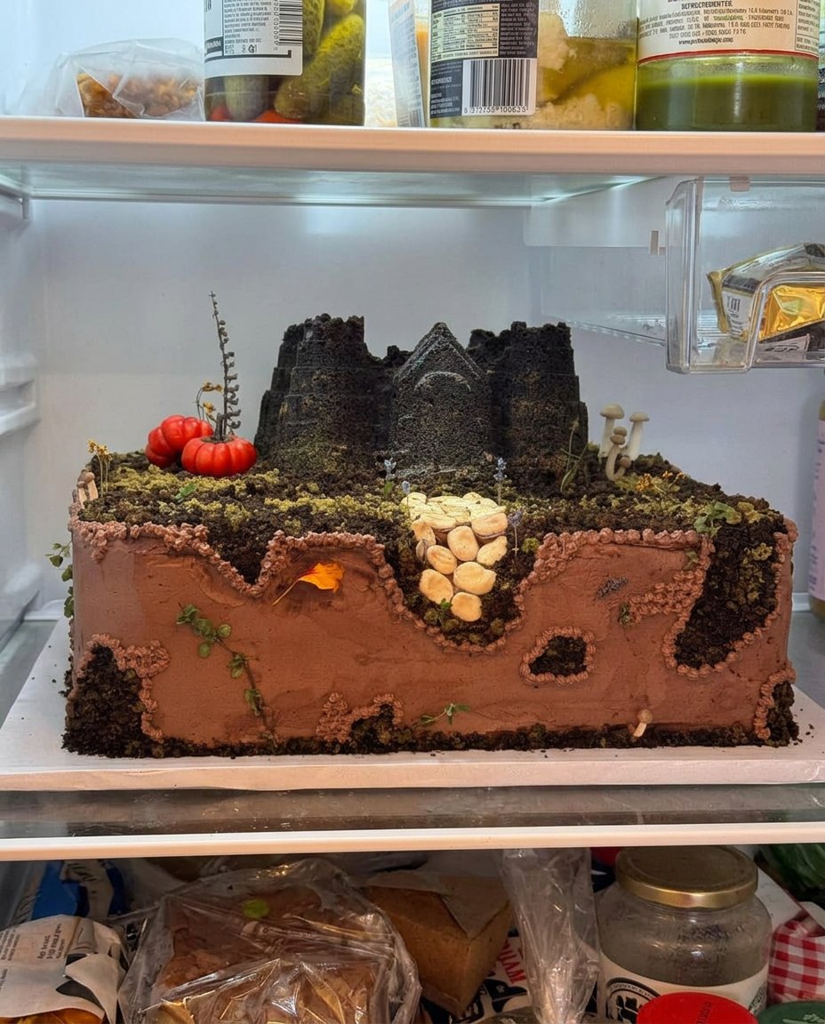 Castle Cake 12 A collection of ingredients including cake mix, cones, frosting, and fondant.