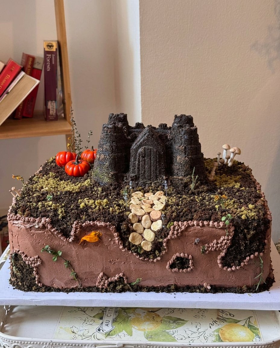 Castle Cake 14 A castle cake surrounded by green coconut grass and small figurines.