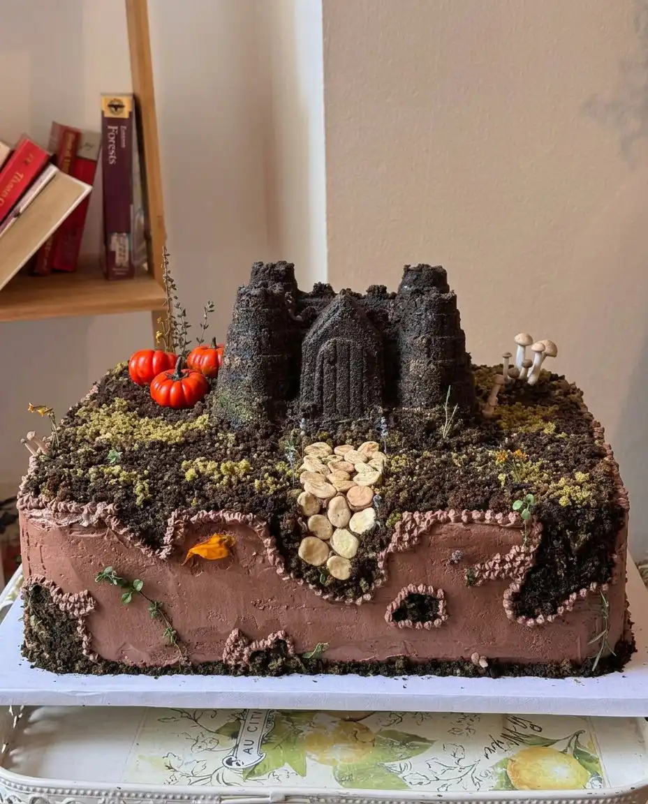 Castle Cake 14 A castle cake surrounded by green coconut grass and small figurines.