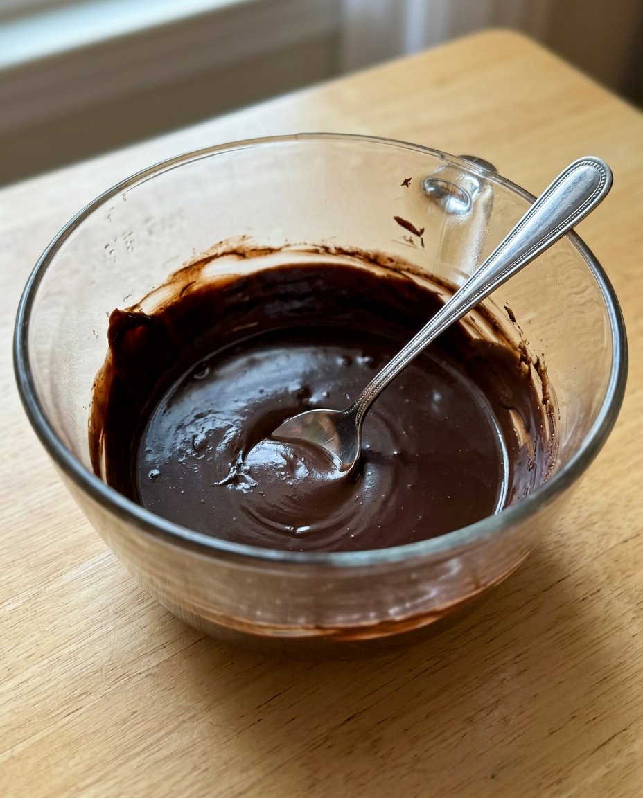 Measured ingredients including dark cocoa powder, buttermilk, and flour on a rustic wooden counter.