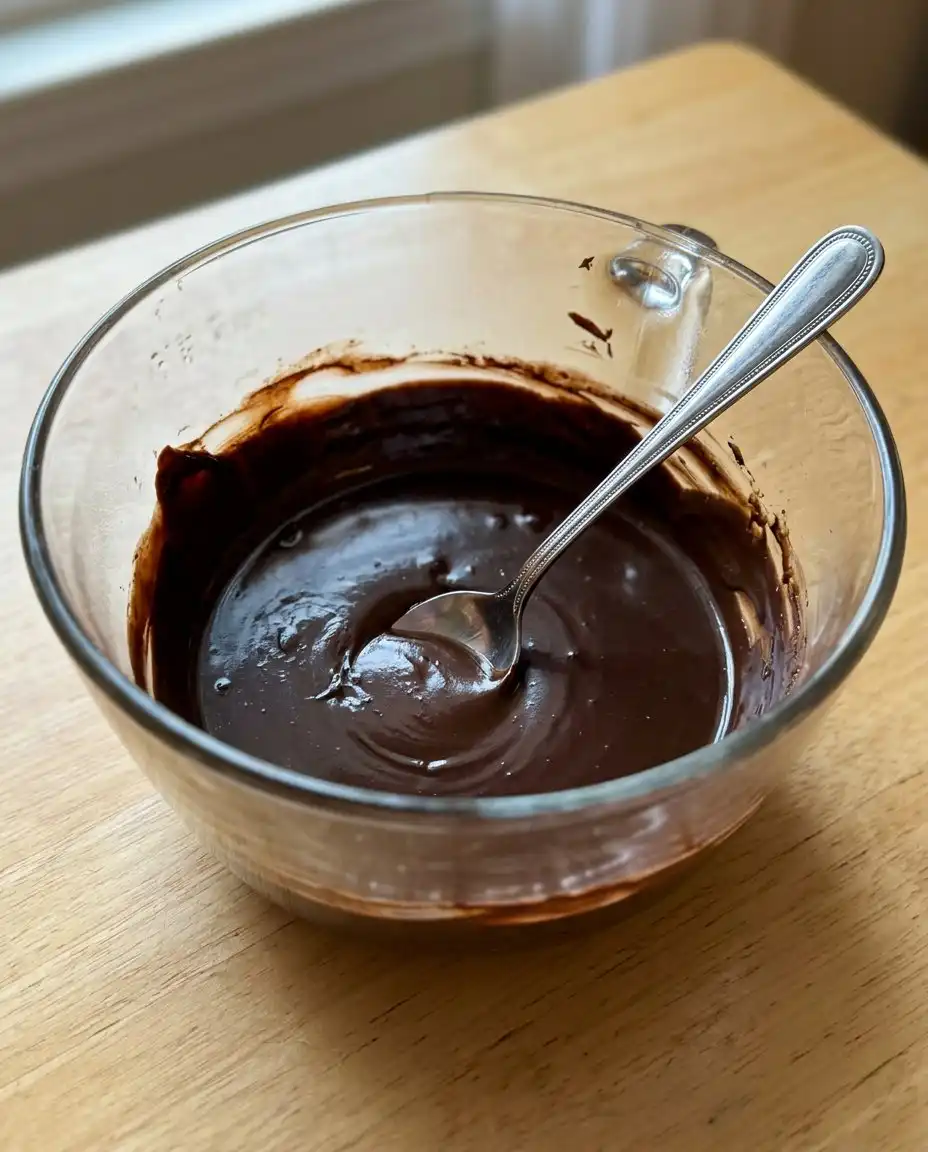 Measured ingredients including dark cocoa powder, buttermilk, and flour on a rustic wooden counter.