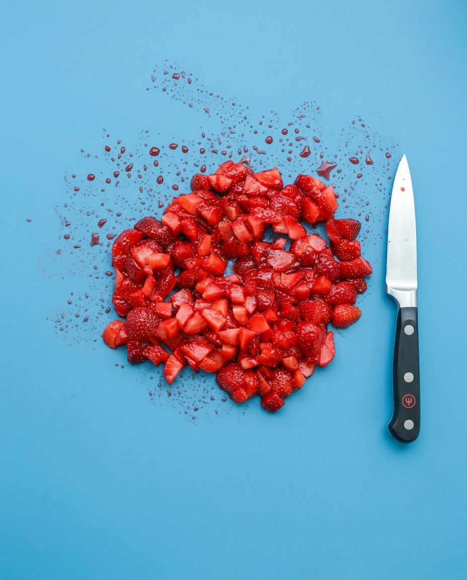 Close up of hands using a paring knife to fan a fresh red strawberry