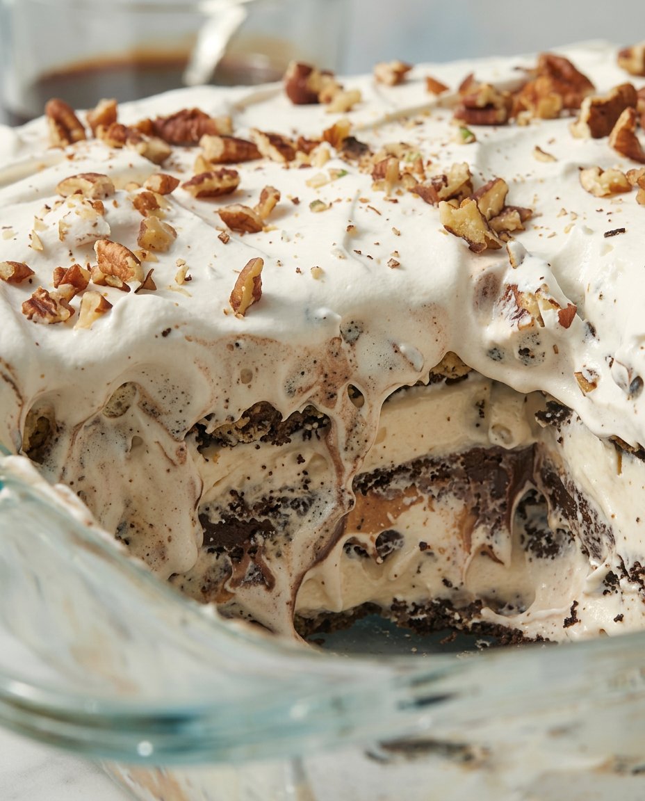 A slice of ice cream sandwich cake on a colorful plate