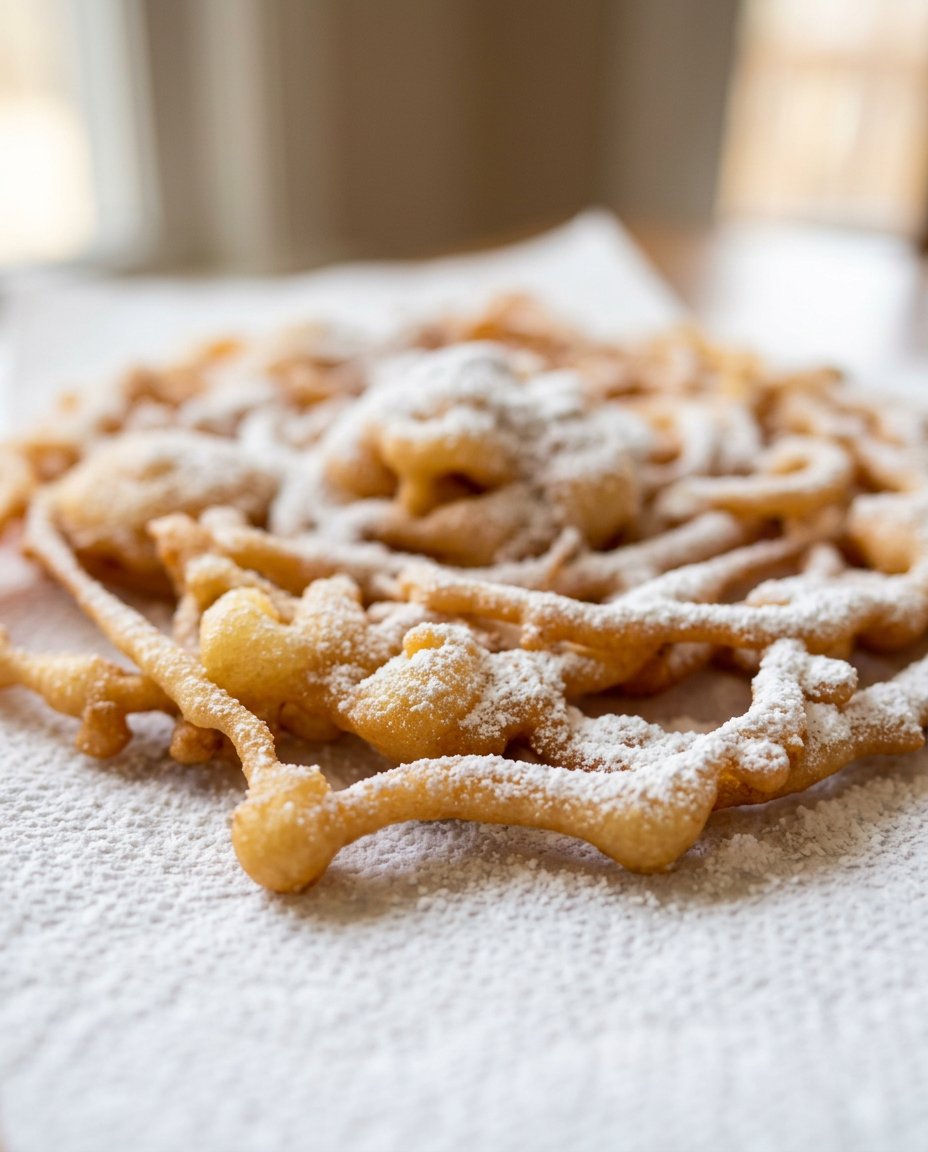 Golden funnel cake frying in a pan of hot vegetable oil