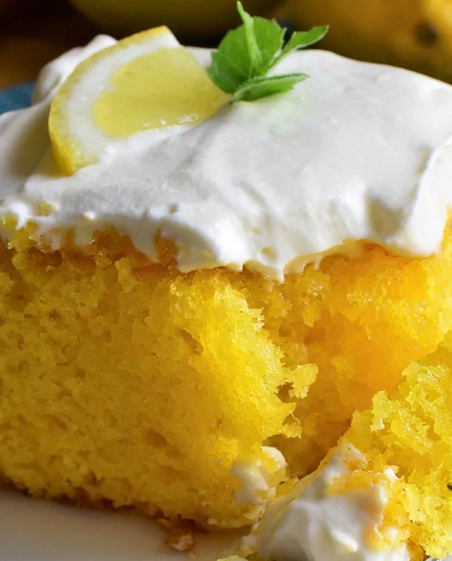 A full 9x13 pan of lemon poke cake decorated with whipped cream and strawberries