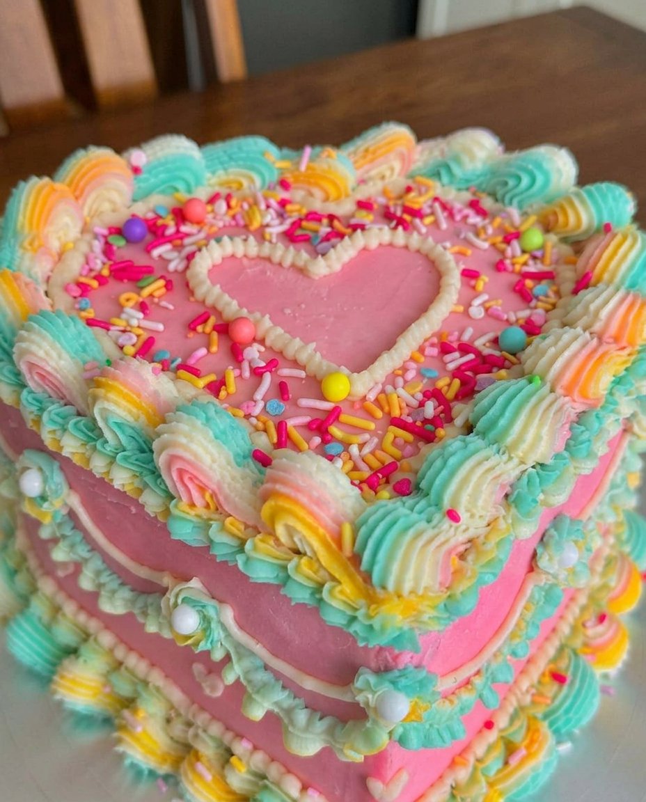 A person piping pink cream cheese frosting onto a heart shaped cake