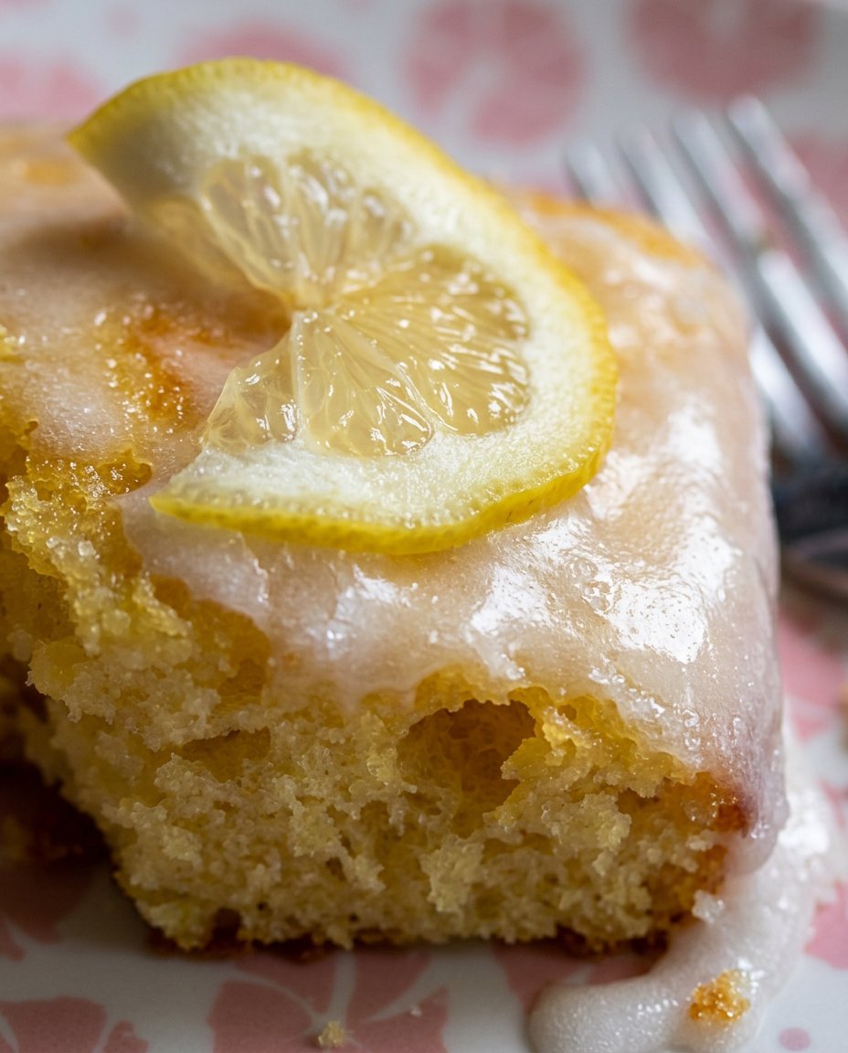 A hand using a fork to poke holes into a warm yellow cake