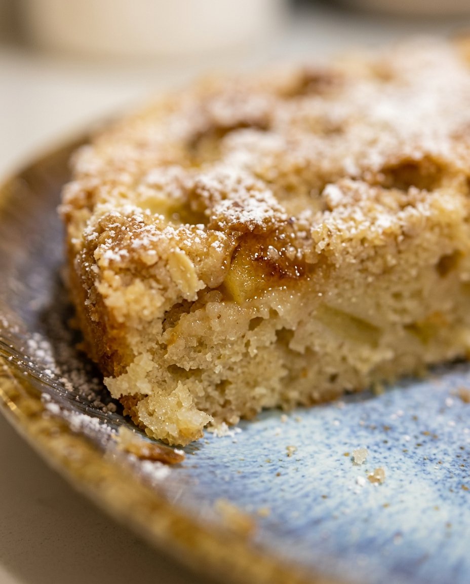 A freshly baked apple cake with a golden brown crust and dusted with powdered sugar on a cooling rack