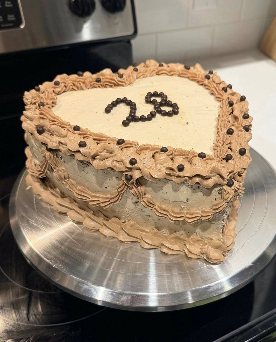 A slice of pink heart cake on a white plate with a fork