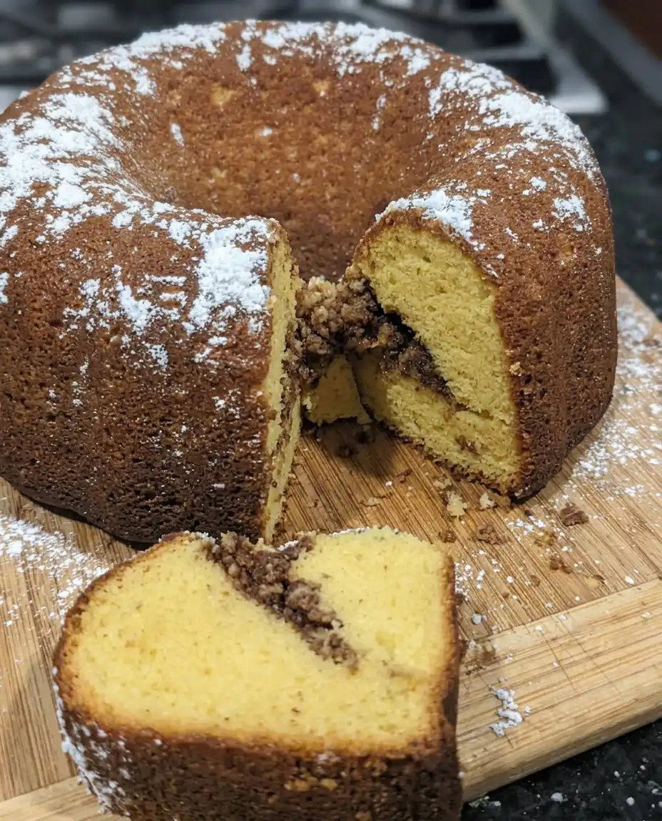 A slice of Sock It To Me Cake next to a steaming cup of coffee.