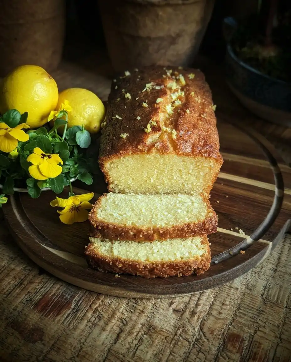 A single slice of lemon drizzle cake on a floral china plate next to a cup of tea