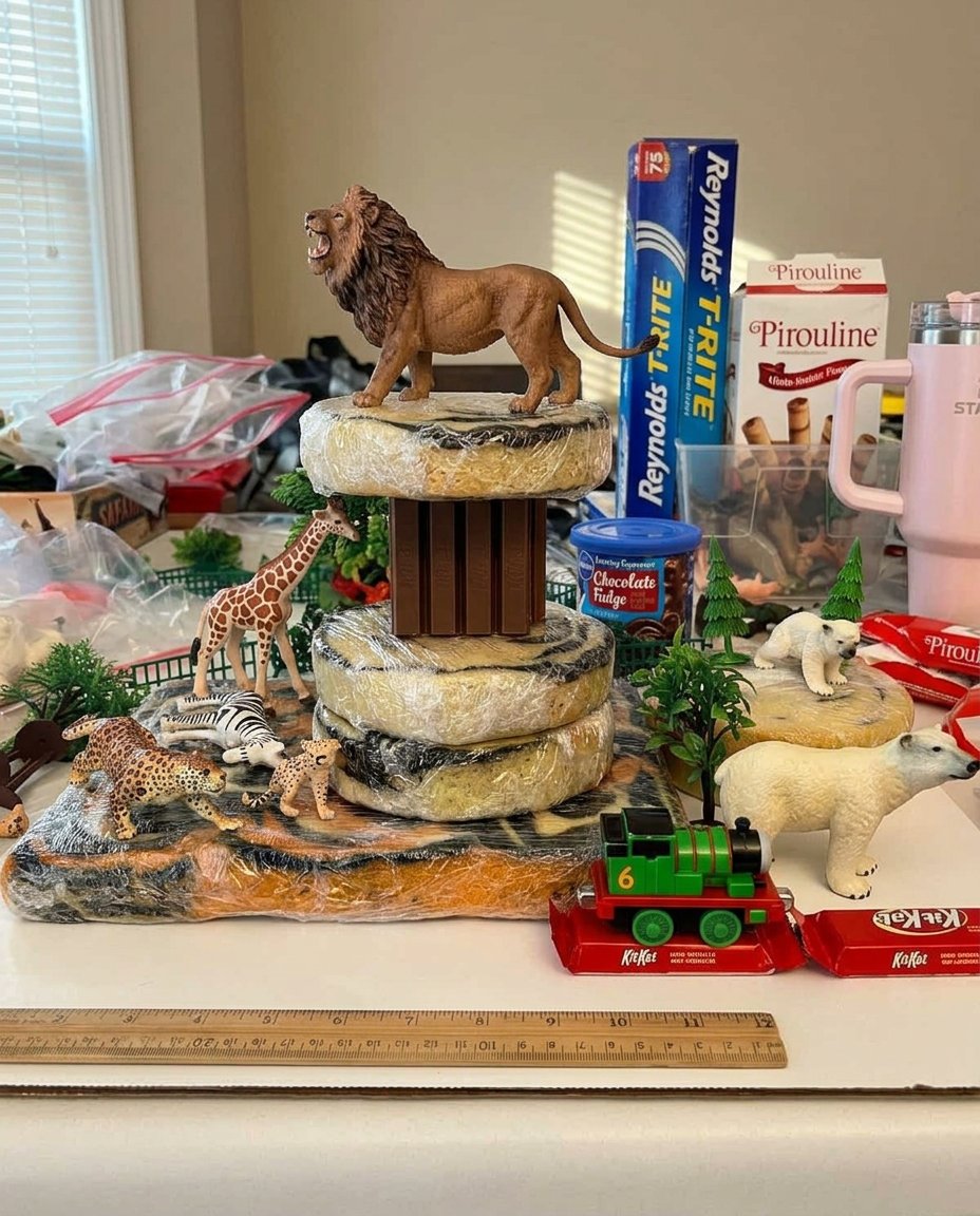 Animal Cake 13 Bowls of orange and black cake batter being swirled into a pan