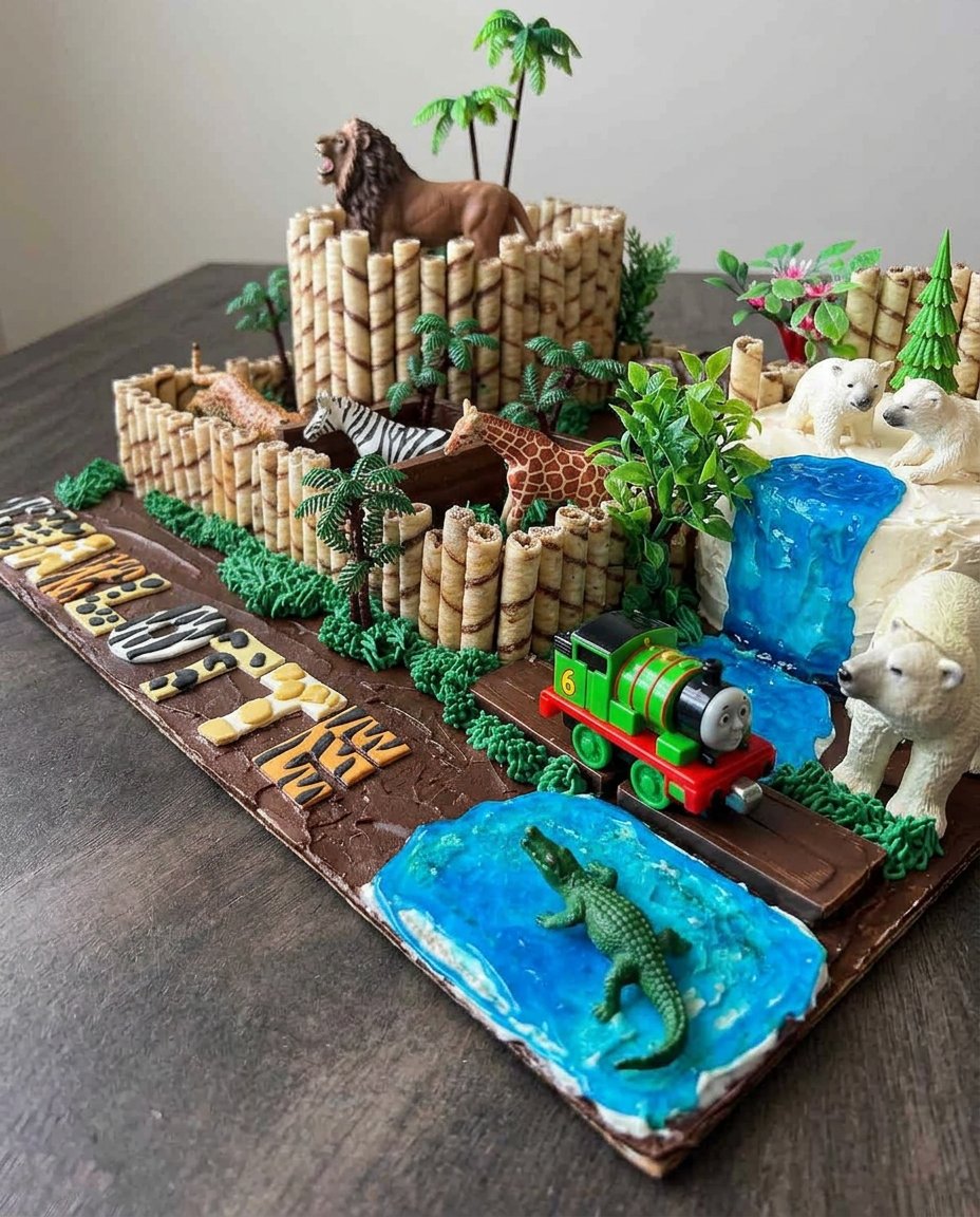 A large multi-tiered animal cake with safari prints and cookie fences on a rustic table