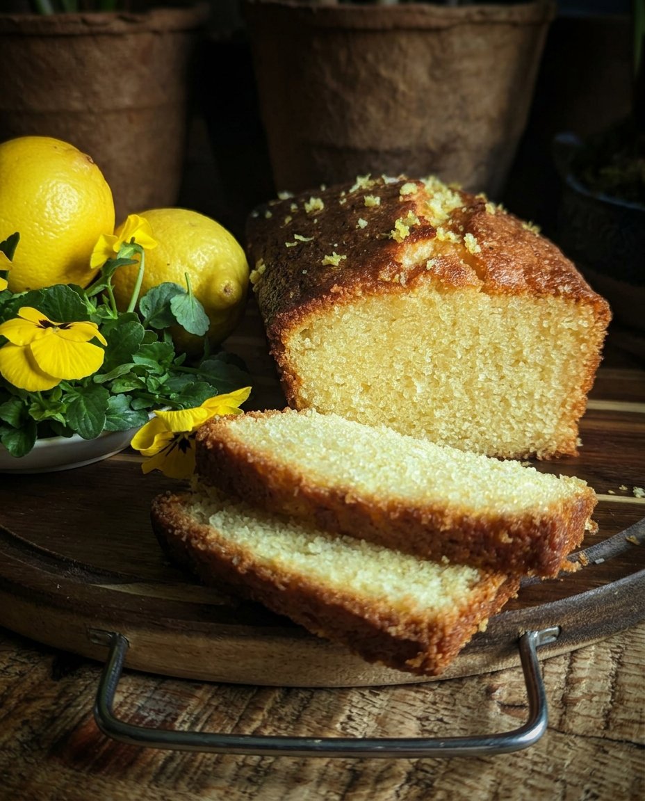 A freshly baked lemon drizzle cake resting on a wire cooling rack in a sunlit kitchen