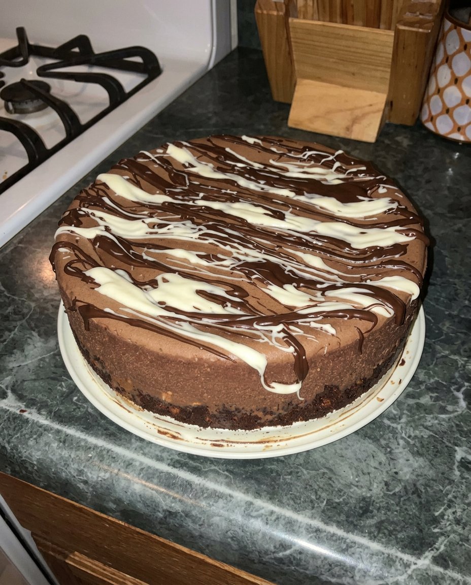 Close up of a whisk folding whipped cream into a dark chocolate ganache