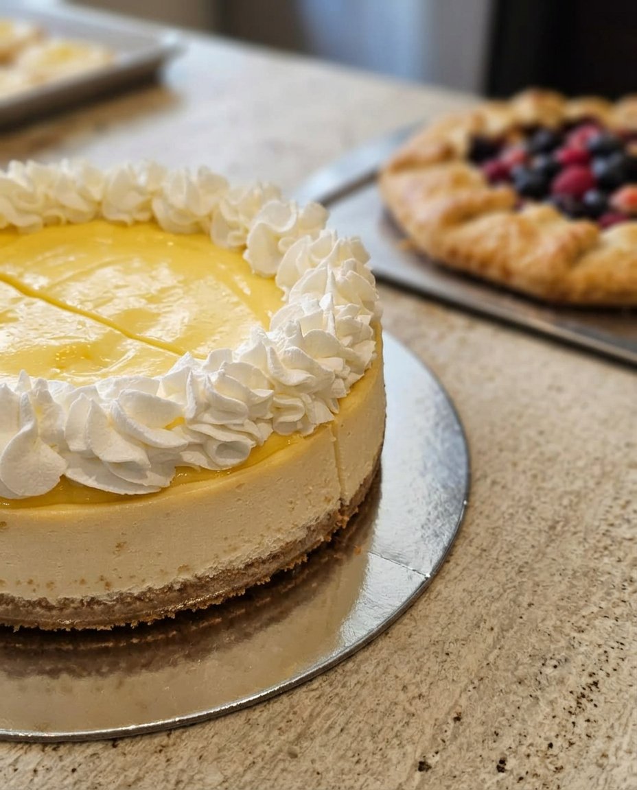 A whole lemon cheesecake topped with lemon curd, whipped cream dollops, and fresh raspberries