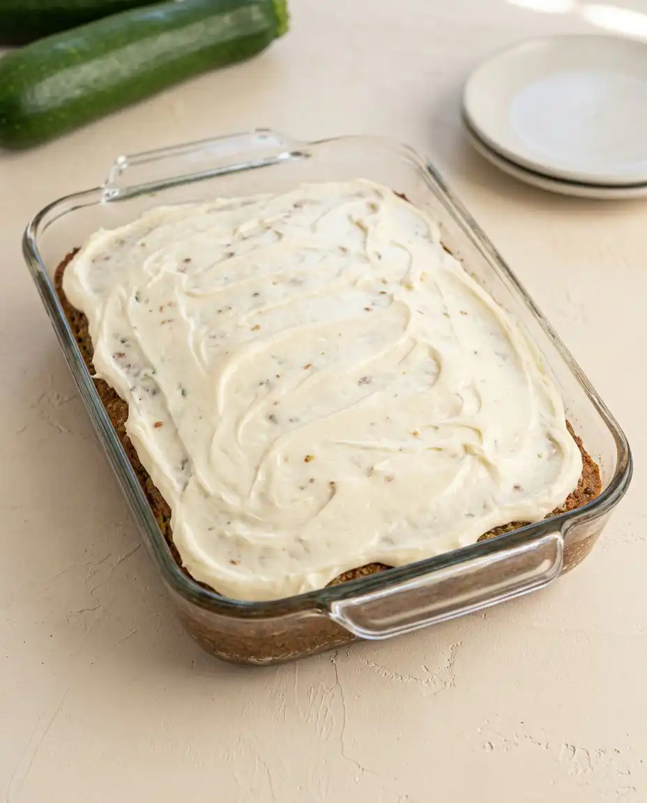A single slice of Classic Zucchini Cake with Cream Cheese Frosting showing the crumb.