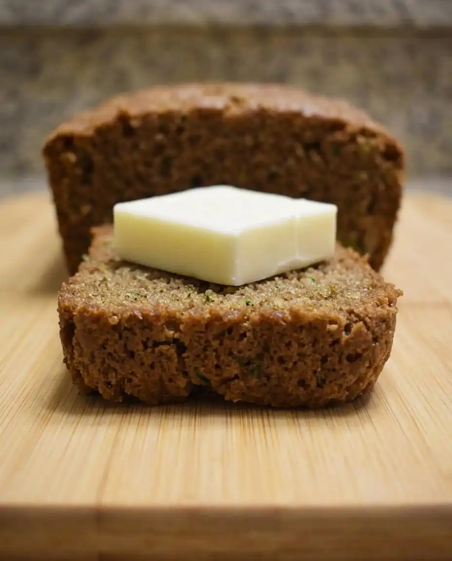 Apple Zucchini Bread 16 A thick slice of apple zucchini bread topped with a pat of melting butter.