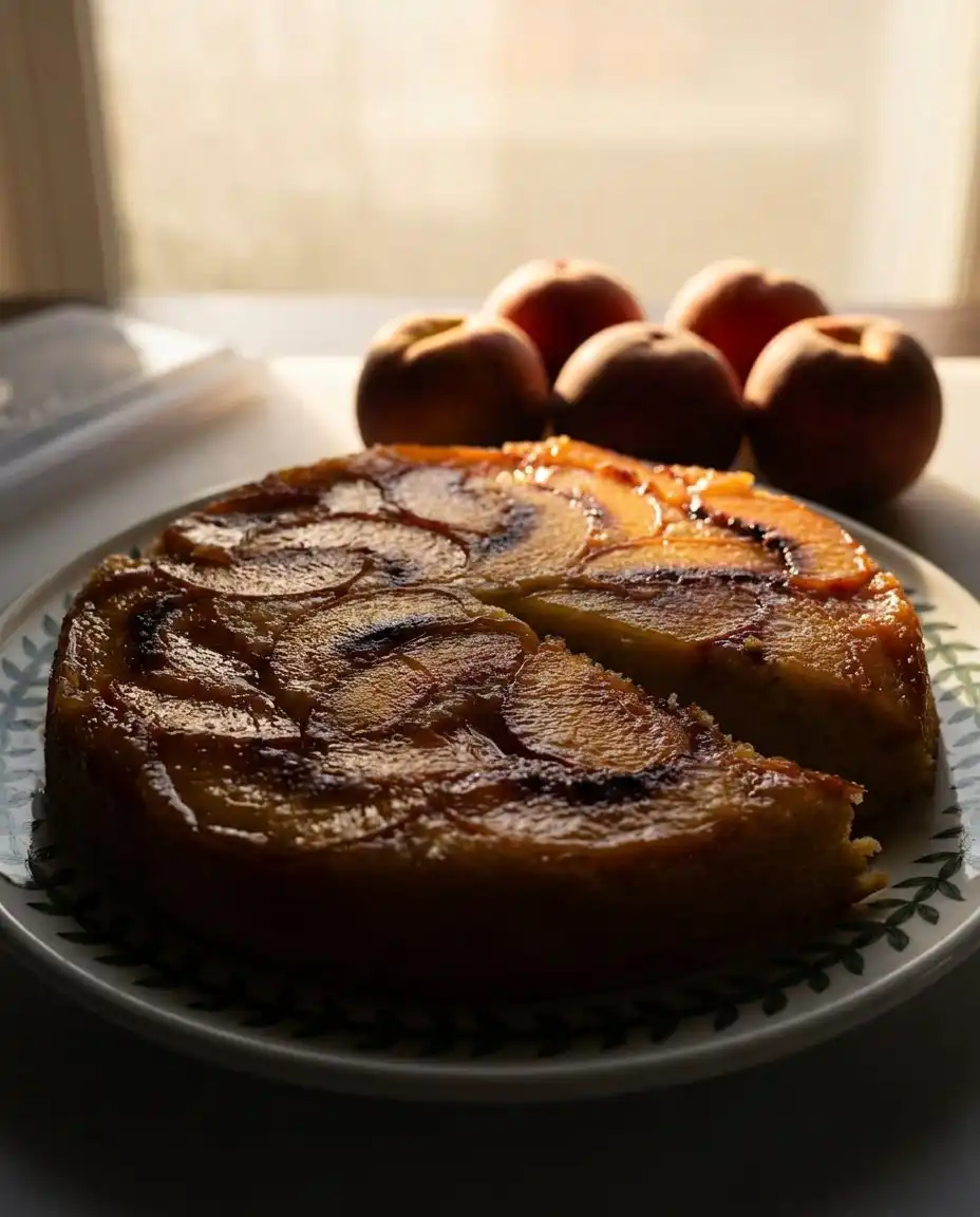 Ina Garten peach cake rising in a 9 inch pan inside the oven