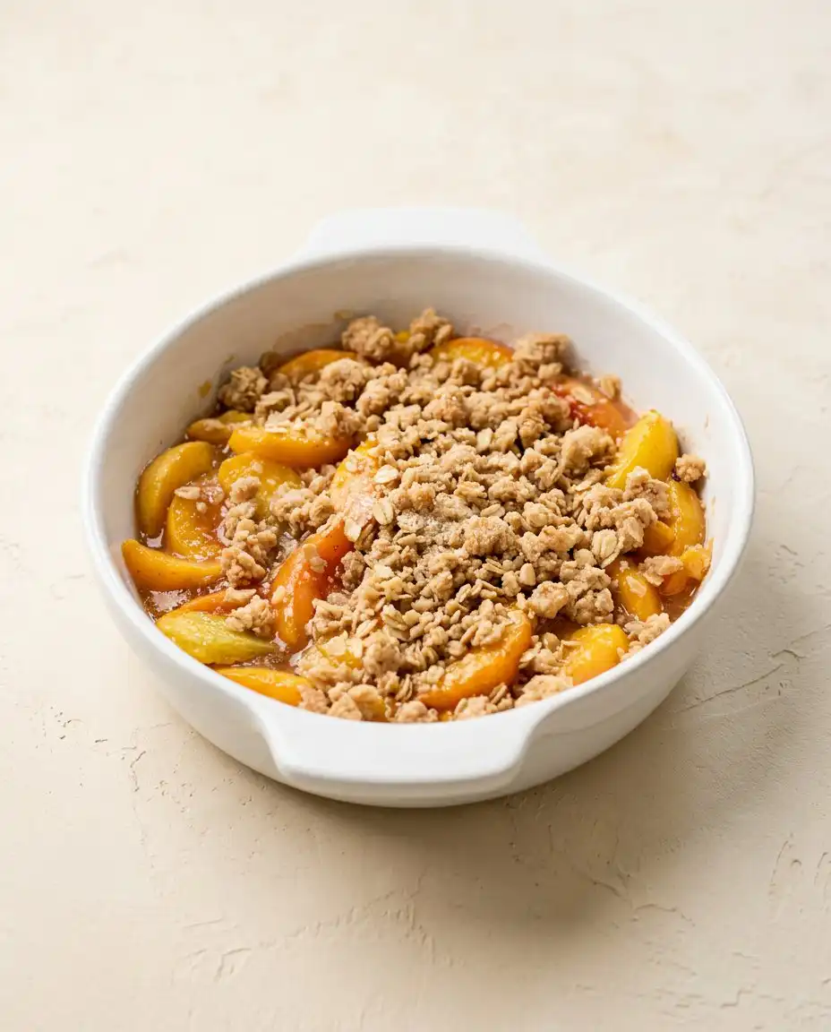 A Peach Crisp baking inside a vintage oven until the topping is golden.