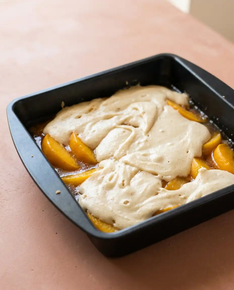 A woman in a worn apron peeling peaches for a Classic Peach Upside Down Cake.