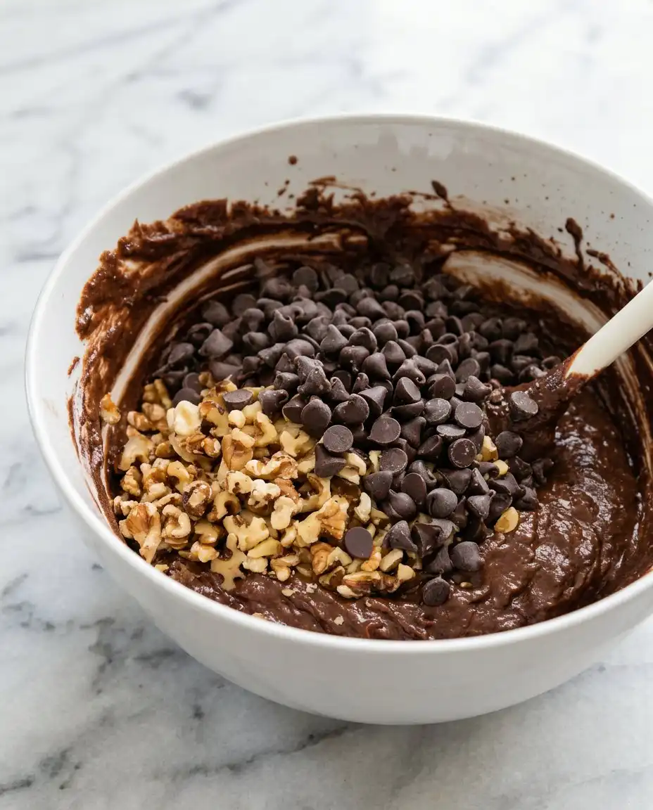 Mixing the batter for the Old-Fashioned Chocolate Zucchini Cake until smooth.
