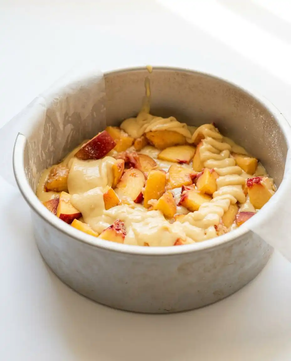 A light colored saucepan showing the brown butter fresh peach cake butter browning process.