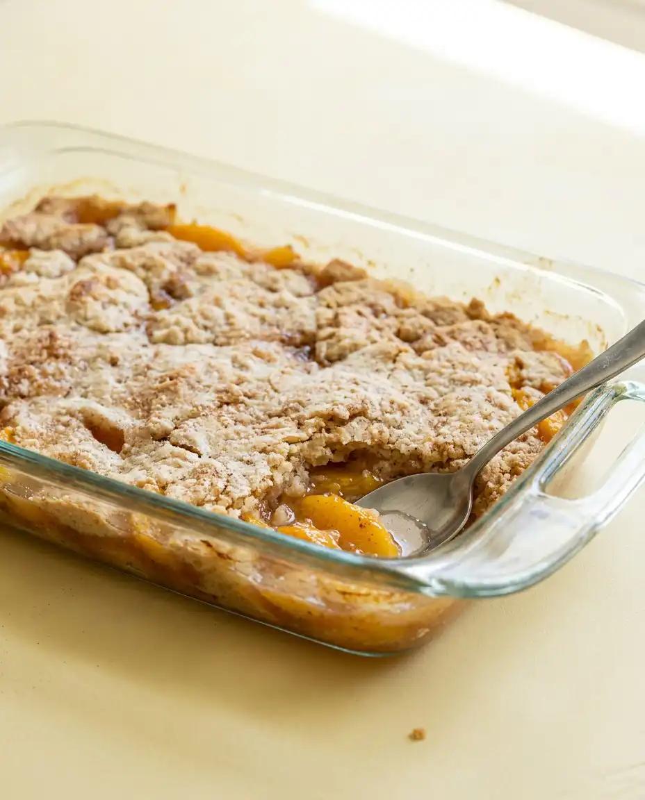 Thin slices of butter placed over cake mix for 3-Ingredient Peach Cobbler Dump Cake.