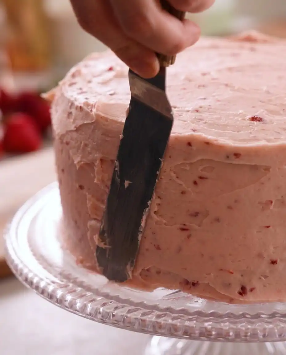 A serrated knife leveling a chocolate strawberry cake layer for precision.