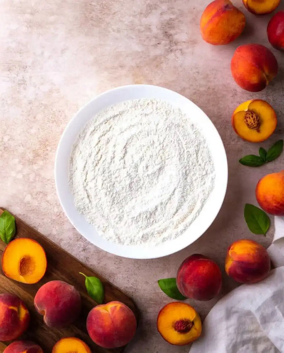 Canned peaches sliced with cinnamon and nutmeg on a wooden counter
