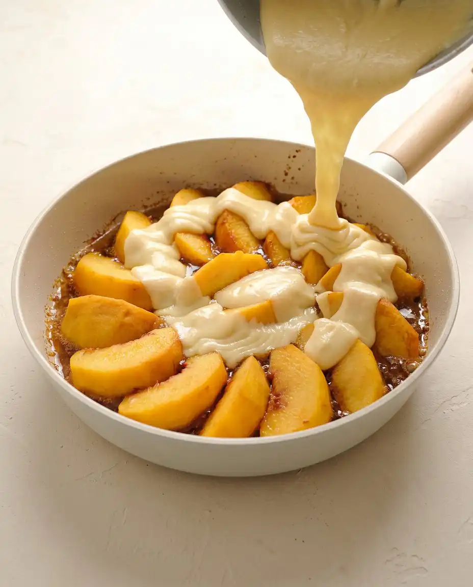Amber caramel bubbling in a pan for the No Bake Caramel Peach Upside Down Cake.
