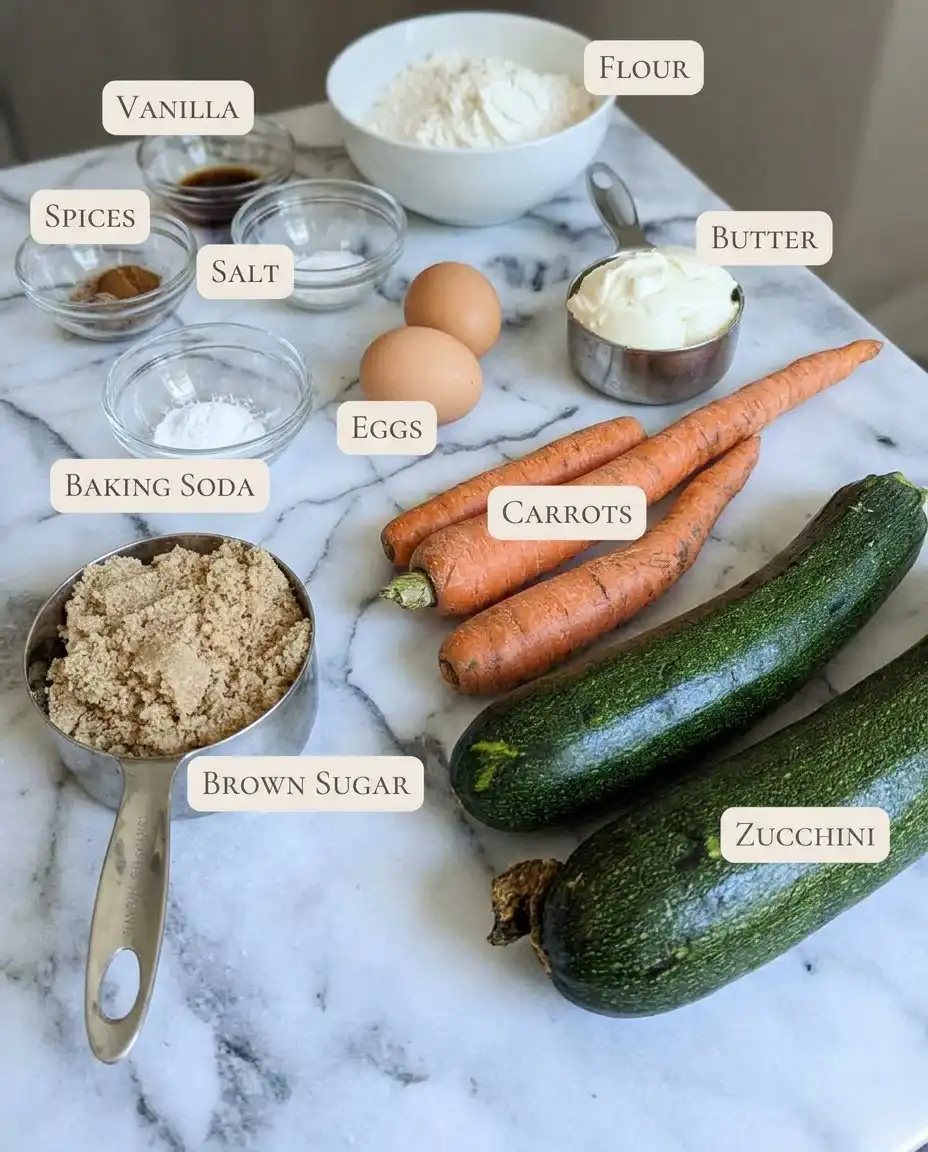 Ingredients for carrot cake zucchini muffins including shredded carrots and zucchini