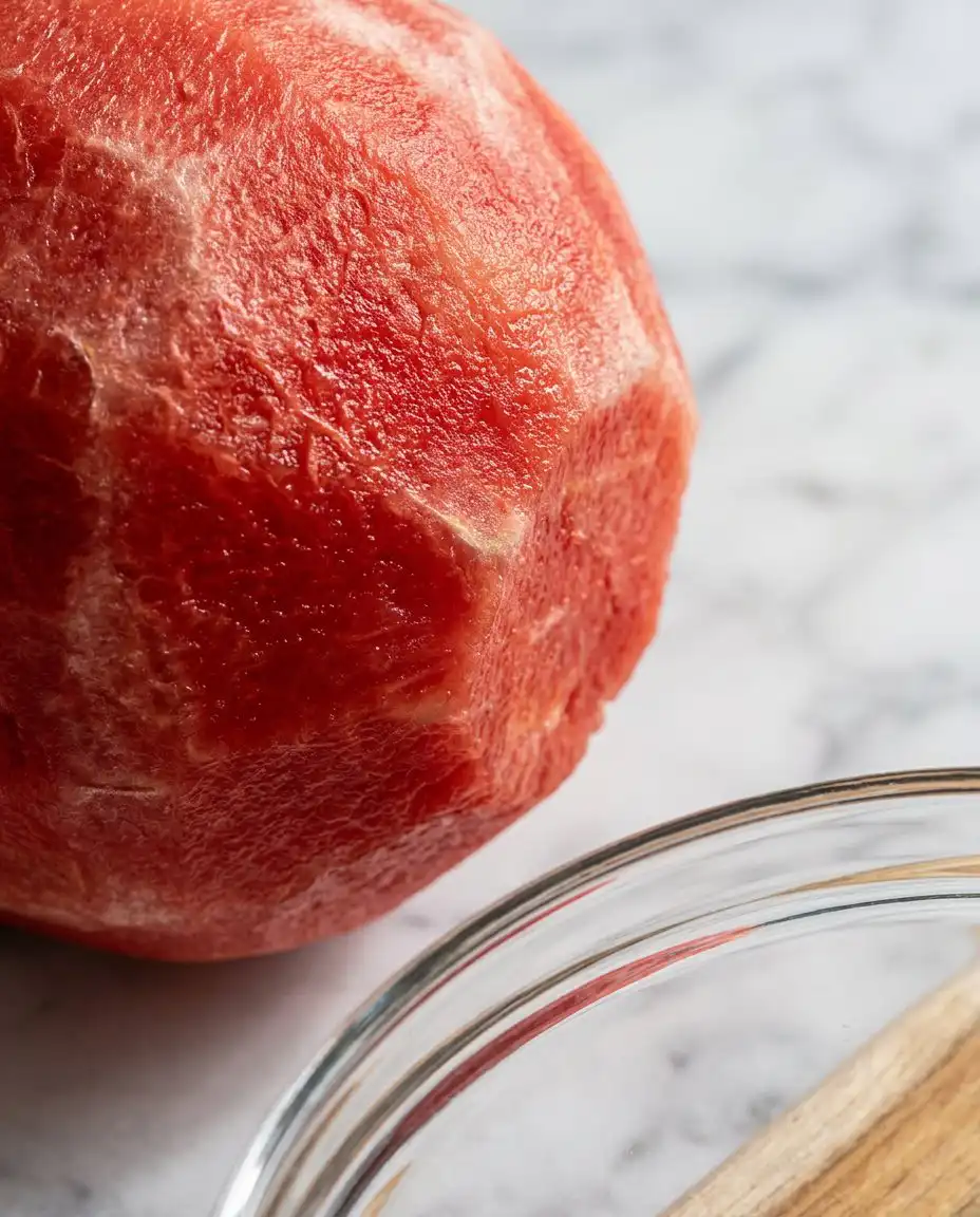 A chef knife carving the green rind off a fresh watermelon to create a smooth pink cylinder.