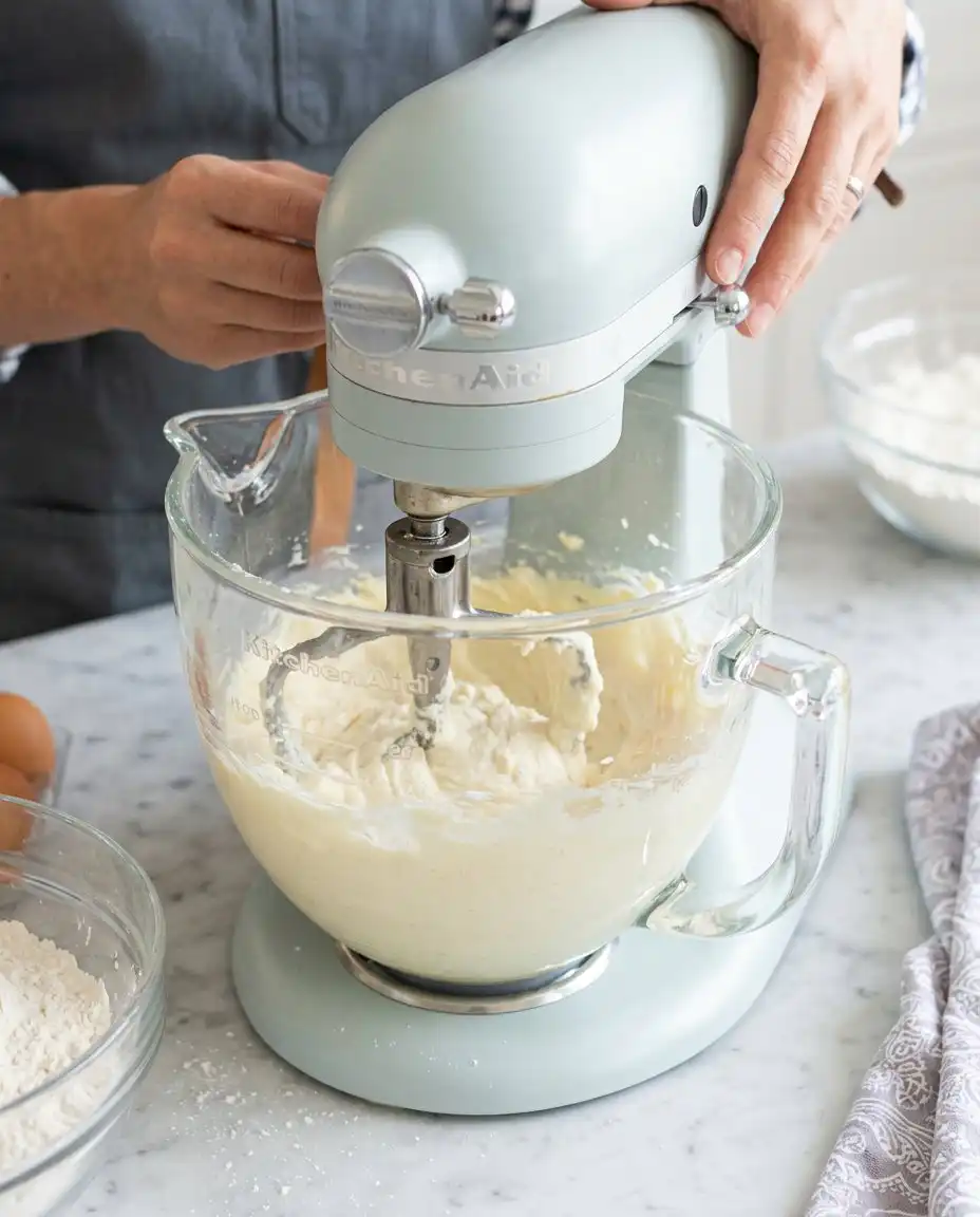 Ingredients for a Chantilly Cake including flour, sugar, and heavy whipping cream on a counter.