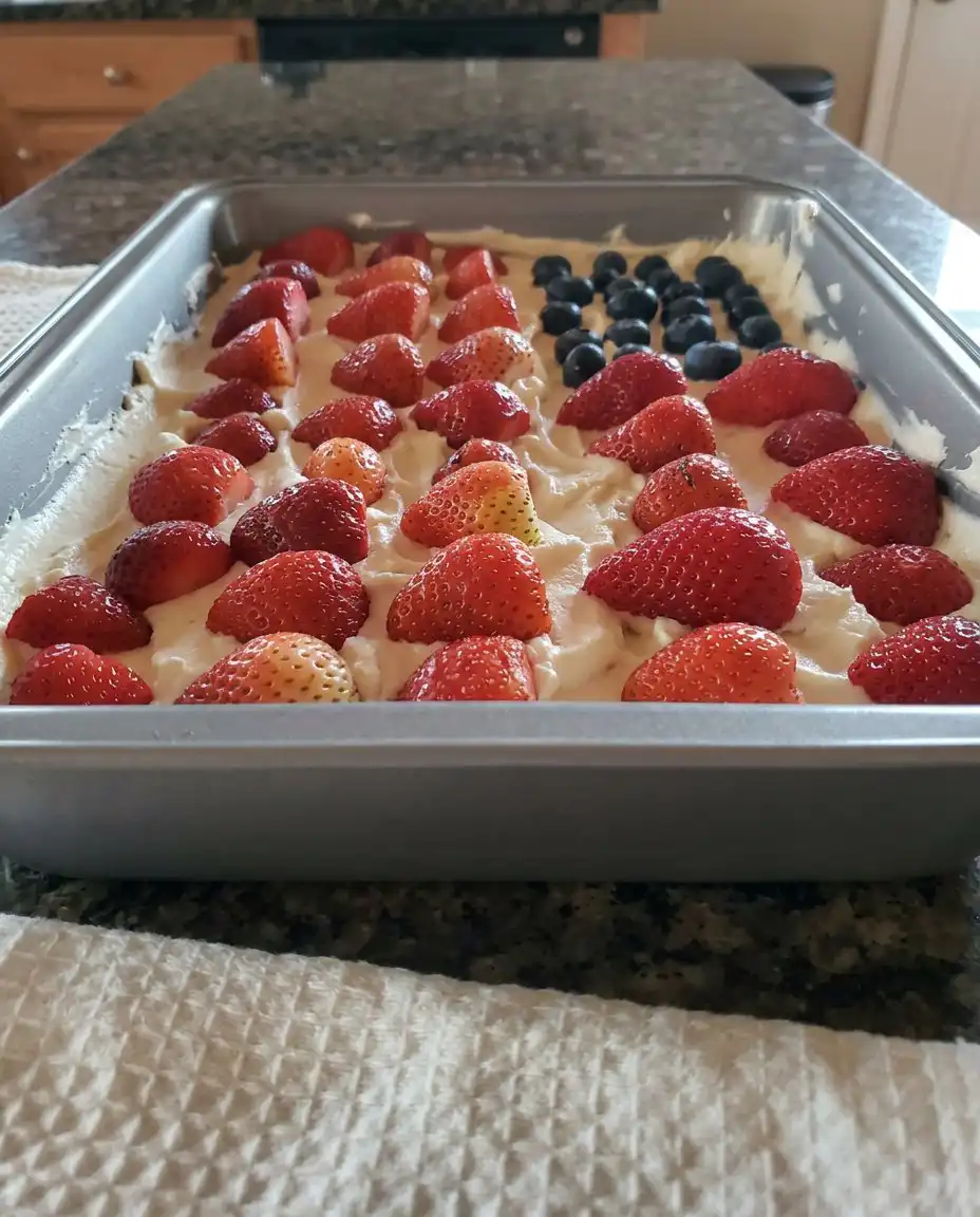 A pristine slice of no-bake cheesecake showing the graham cracker base and fruit topping