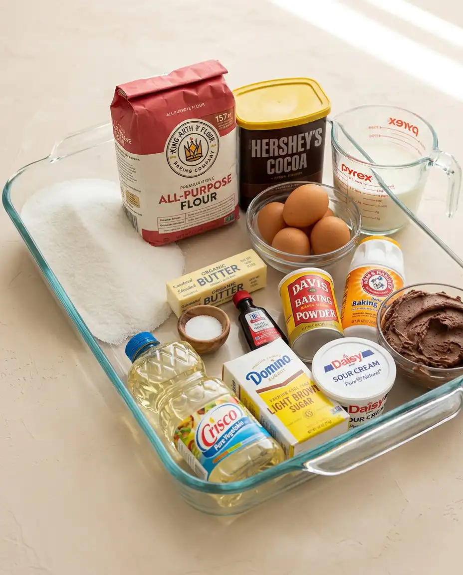 Carefully weighed ingredients for a Devil's Food Layer Cake arranged on a marble surface.
