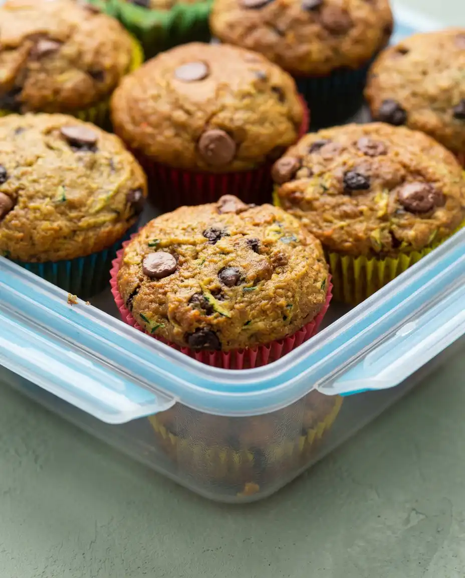 A tray of Chocolate Chip Zucchini Muffins with visible melted chocolate chips and green flecks of zucchini.