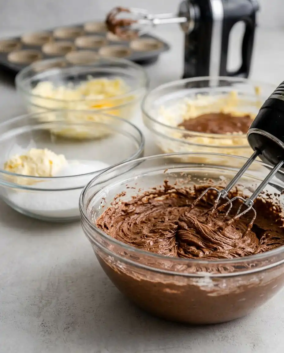 Ingredients for patriotic chocolate cupcakes including cake mix oil egg and frosting