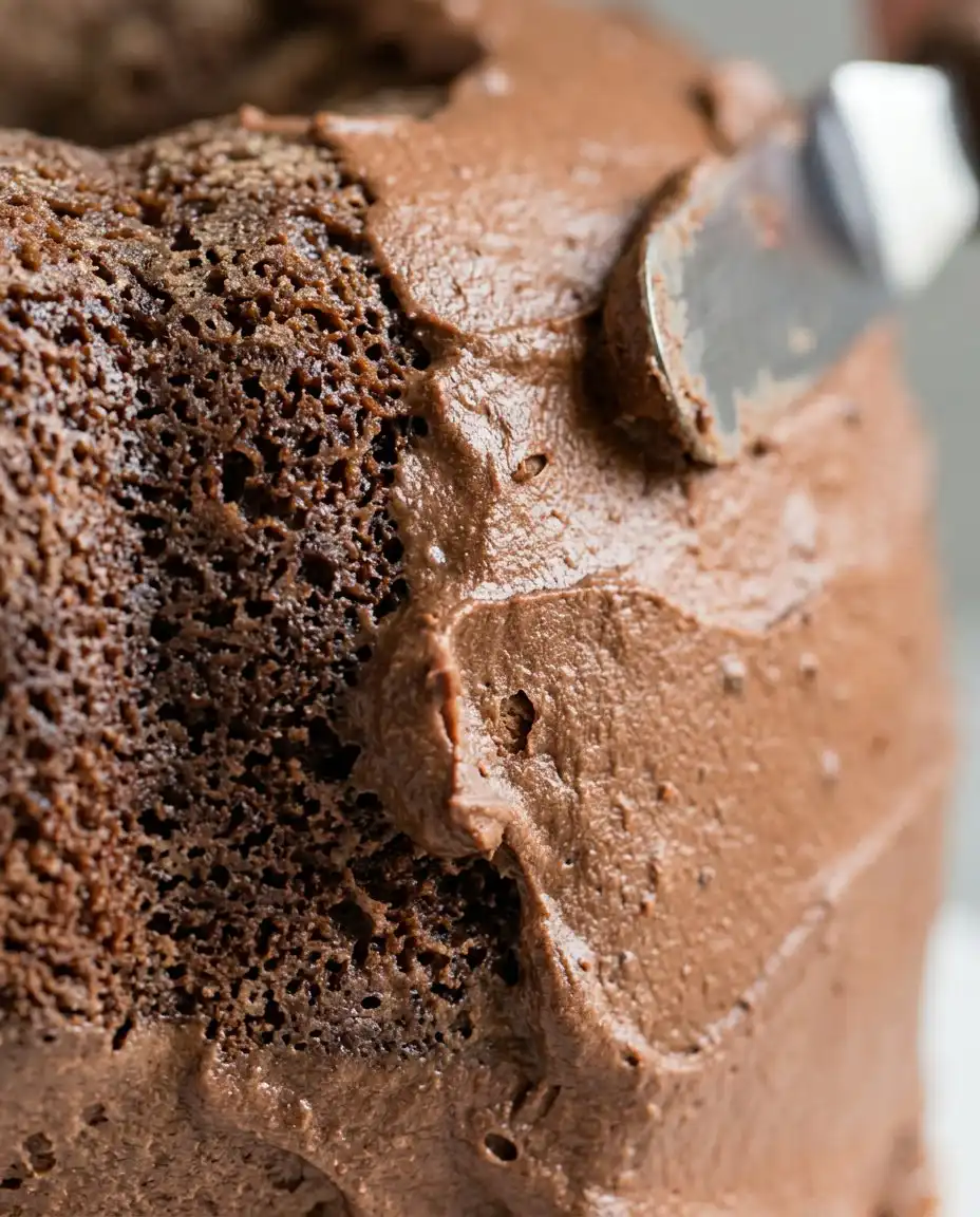 Close up of thick chocolate frosting being swirled on a cake